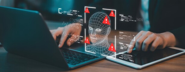 Digital Security Breach: A person is shown interacting with a laptop and tablet, amidst a holographic display of facial recognition software signaling a security breach.