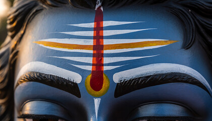 Closeup of Hindu God Shiva's third eye mark (Trishul tilak) on forehead, spiritual symbol, vibrant colors