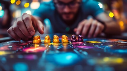Intricate board game strategy unfolds with focused player engagement