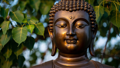 Serene Bronze Buddha Statue in Sunlight Amidst Green Bodhi Tree Leaves, Symbolizing Peace and Enlightenment