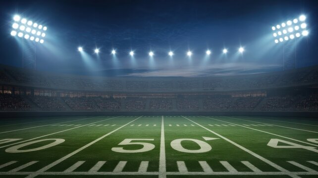 Empty American Football Stadium Floodlights Night Crowd field green