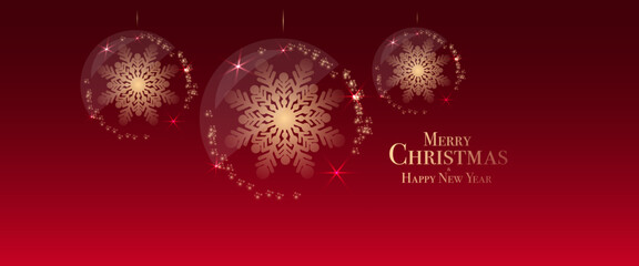 Red Christmas Background with golden snowflake ornaments and festive holiday greeting