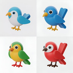 Fototapeta premium Four 3d cartoon birds in blue vactor white green and red on white background icon symbol