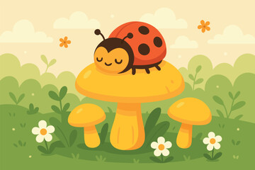 Fototapeta premium Cute sleeping ladybug on yellow mushroom