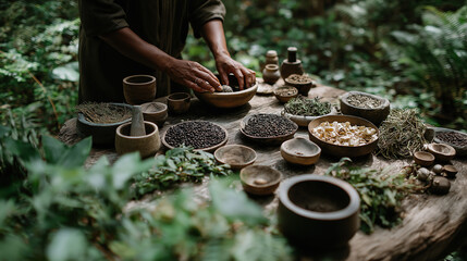 Hands grind natural herbs and spices using traditional stone mortar pestle.