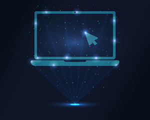 Holographic laptop with cursor in glowing wireframe, projected via laser. Particles enhance 3D effect. Ideal for tech, digital workspaces, remote learning and futuristic branding of apps, IT services.