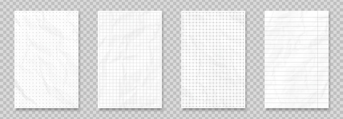 Naklejka na ściany i meble Crumpled paper effect. Sheet from grid and lined notebook. White page from sketchbook. Empty paper template or mockup. Realistic vector illustration set on transparent background