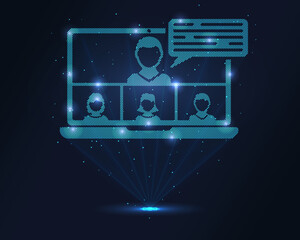 Holographic video call icon blue laptop with 4 participants and chat bubble, projected via laser. Particles enhance 3D effect. Ideal for remote work, online meetings, digital communication branding.