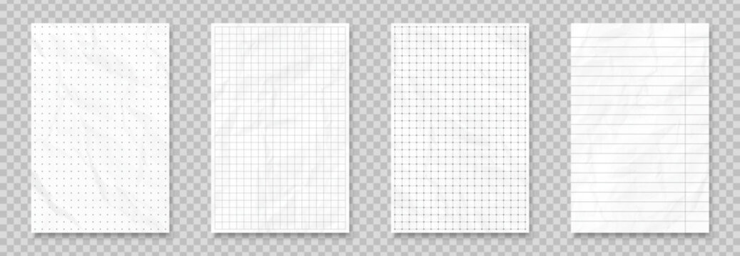 Crumpled paper effect. Sheet from grid and lined notebook. White page from sketchbook. Empty paper template or mockup. Realistic vector illustration set on transparent background