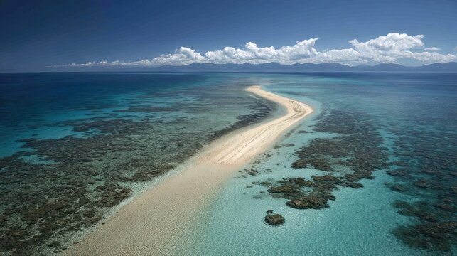 Aerial view captures a narrow strip of white sand dividing turquoise and deep blue ocean waters.