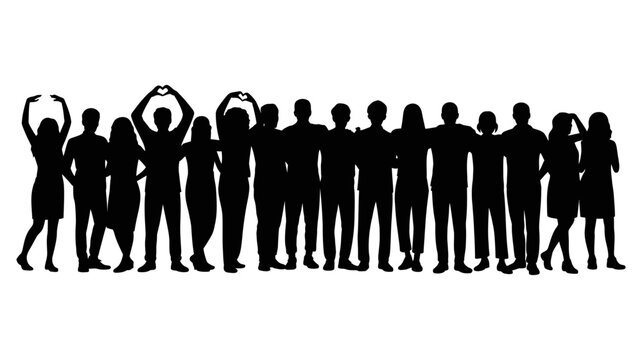 Silhouette of a large group of diverse people standing together, arms raised in celebration or unity