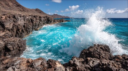 Fototapeta premium Powerful ocean waves crash dramatically against rugged coastal rocks under a bright sky