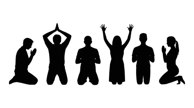 Prayer and worship silhouette set. Vector icons of people praying. Collection of men and women kneeling in religious poses for faith and spirituality concepts.