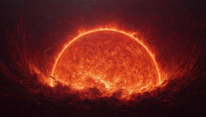 Vivid depiction of a fiery celestial orb surrounded by tumultuous waves of celestial matter