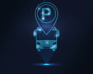 Holographic bus parking icon: blue wireframe bus under P location pin, projected via laser. Particles enhance 3D effect. Ideal for public transport apps, smart city solutions and mobility branding.