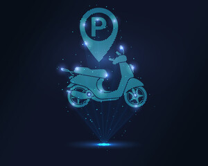 Holographic scooter parking icon: blue wireframe scooter under P location pin, projected via laser. Particles enhance 3D effect. Ideal for urban mobility apps, e scooter services and tech branding.