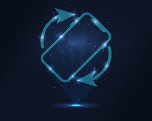 Holographic data sync icon: blue wireframe smartphone with circular arrows, projected via laser. Particles enhance 3D effect. Ideal for cloud apps, device sync, tech branding and digital connectivity