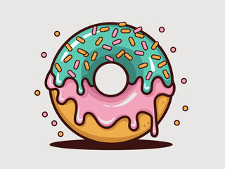 Vibrant and Sweet Cartoon Donut Illustration with Dripping Pink Icing and Bright Orange Sprinkles, a Delightful Confectionery Graphic