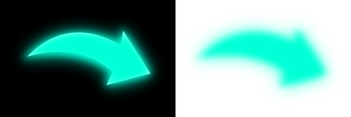 Glowing light blue green curved arrow pointer for highlight direction and navigation guidance on transparent background