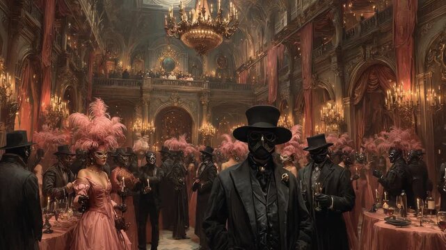 Elegant masked ball attendees in a lavish, opulent ballroom setting, showcasing refined society and mystery.