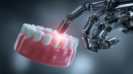 Autonomous robotic dentist performing AI enhanced dental procedures with glowing teeth model. Innovative technology in dentistry showcases precision and advanced care.