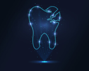 Holographic broken tooth icon in glowing blue wireframe, projected via laser with floating particles. 3D effect for dental clinics, oral health campaigns and tech branding. Ideal for medical visuals
