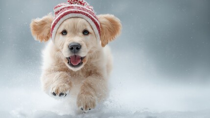Christmas Golden retriever puppy running in snow enhances commercial categories such as pet branding, winter campaigns, holiday cards and children’s products