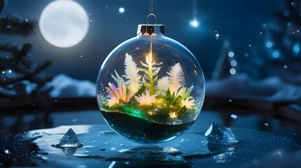 &ldquo;Transparent Christmas Ornament with Glowing Miniature Biosphere of Luminescent Plants at Night&rdquo;