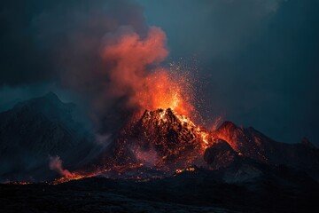 A volcanic eruption erupting fiery lava and smoke beneath a dramatic, cloudy night sky