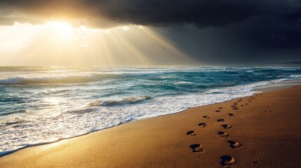 Obraz premium Footprints lead along the wet shoreline under dramatic, stormy skies with bright sunbeams piercing through clouds