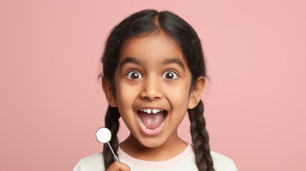 Indian girl with dental mirror demonstrating children’s oral health communication, pediatric dentistry promotion, dental clinic advertising, and hygiene education content. Dental services, orthodontic