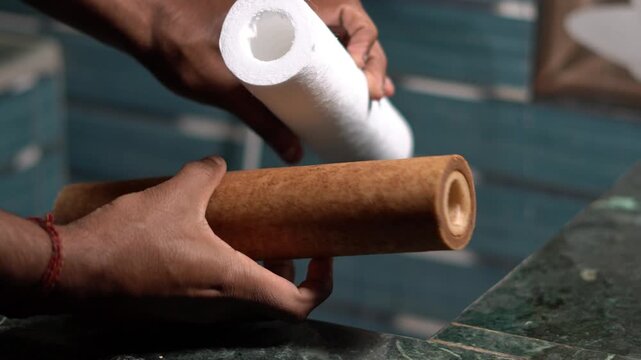 Plumber check the filter element after open water filter under the sink. dirty and new water filter compare.