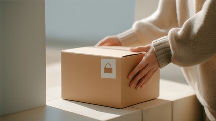 Ecommerce parcel handling shown of a cardboard box being held by a woman in indoor clothing. Reinforcing secure order fulfillment and customer delivery experience. Packaging, shipping workflow