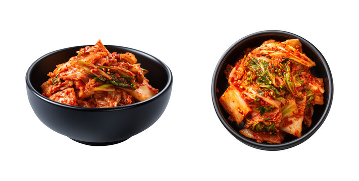 Top View and Side View Korean Kimchi in a Black Bowl isolated on a transparent background