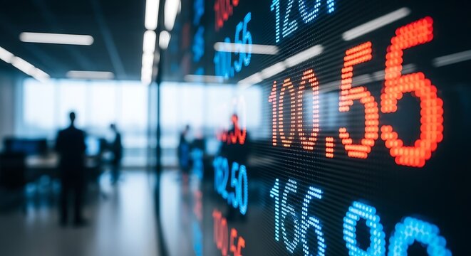 Closeup of a stock market ticker display with blurred office background, showing realtime financial data and market trends - Powered by Adobe