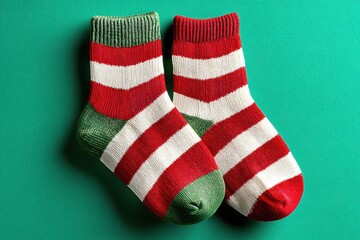 Cozy Christmas striped socks on green background, perfect for holiday gifting and festive wear