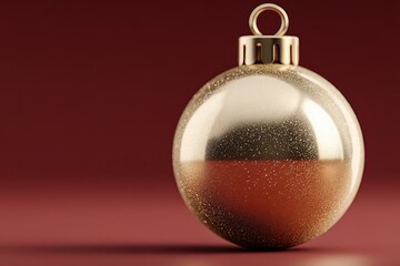 Elegant Golden Christmas Ornament Adorned with Glitter Against a Deep Red Backdrop