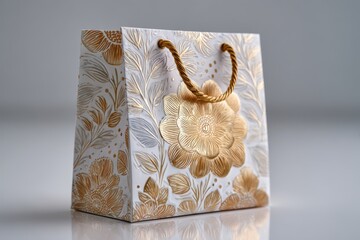 Elegant White Gift Bag with Intricate Golden Floral Designs and Braided Rope Handle