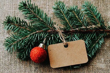 Festive evergreen sprig, red ornament, blank gift tag on natural burlap background