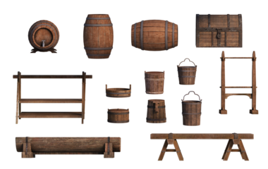 Antique Wooden Artifacts: A curated collection of antique wooden artifacts, each piece a testament to craftsmanship and history. Showcasing barrels, chests, and assorted rustic items.
