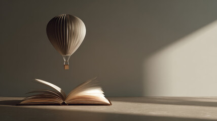 A whimsical image of a hot air balloon made of paper flying above an open book, symbolizing imagination and travel