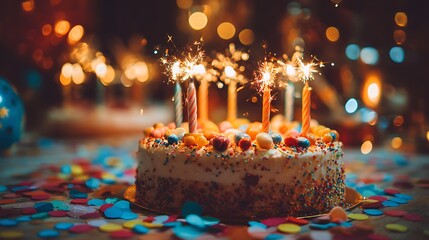 birthday cake with sparkling candles, surrounded by festive confetti, creates joyful celebration atmosphere. vibrant colors and warm lights enhance festive mood.
