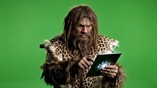 Caveman interacting with modern tablet computer on Green screen