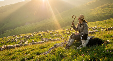 young shepherdess, accompanied by her dog, guards a flock of sheep in the mountains.