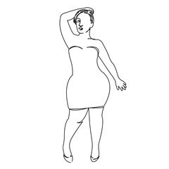One continuous single drawing line art doodle female, size, plus, fat, young, girl, model, fashion, overweight, beautiful, sexy, bodypositive. Isolated flat illustration hand draw contour on a white b