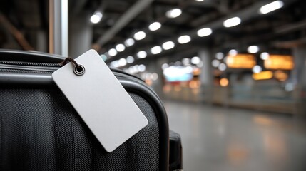 Blank white luggage tag mockup hanging on suitcase handle in airport terminal for travel design