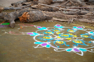 Kolam Rangoli, colorful sandpainting made by women and girls at evening of Holi festival in India, indian religion and culture, hinduism celebration 