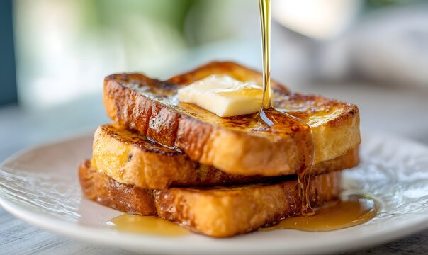 Stack of french toast slices, golden brown exterior, butter melting on top, maple syrup pouring, shallow depth of field