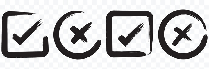 Check marks doodle set. hand drawn chalk checklist, checkbox, green tick and red cross signs in sketch style. charcoal pencil correct or incorrect symbols. crayon checkmarks, yes and no elements. tick