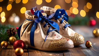 Chic baby boots with gold glitter and blue ribbons for festive occasions and special events